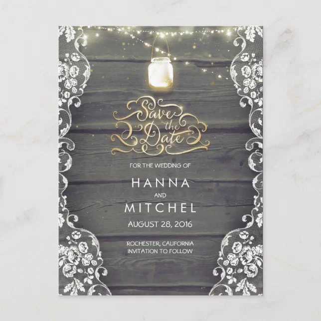 Rustic Mason Jar Lights Wood Lace Save the Date Announcement Postcard ...