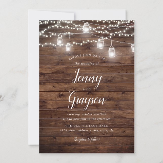 Rustic Mason Jar Lights Wood Wedding Invitation (Front)
