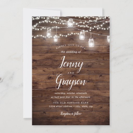 Rustic Mason Jar Lights Wood Wedding Invitation | Zazzle