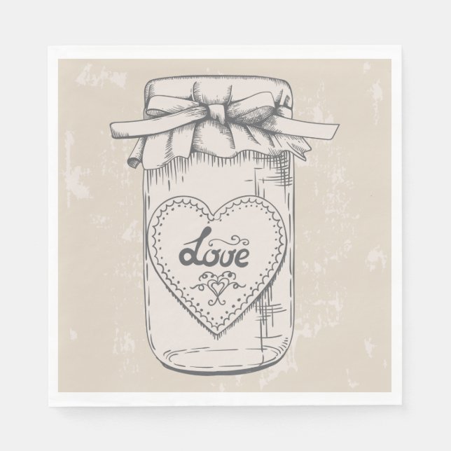 Rustic Mason Jar Love Heart Tan Brown Wedding Paper Napkins (Front)