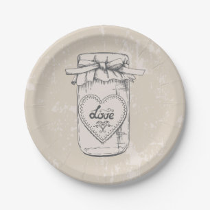Rustic Mason Jar Love Heart Tan Brown Wedding Paper Plates