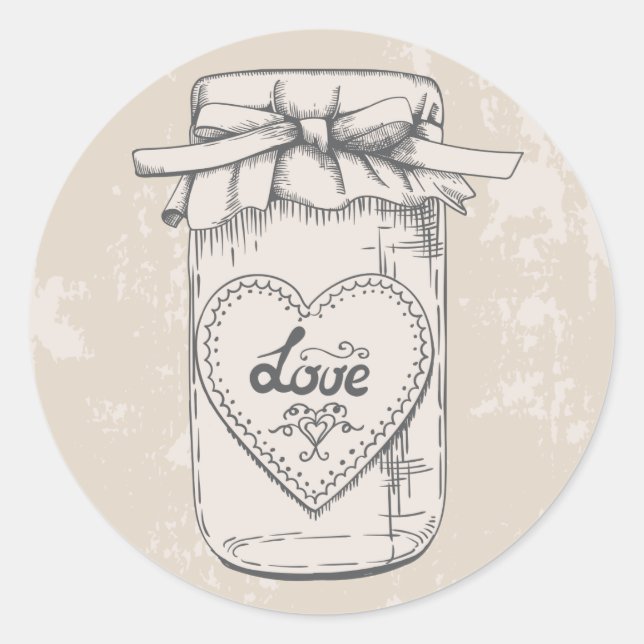 Rustic Mason Jar Love Hearts Tan Wedding Classic Round Sticker (Front)