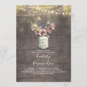 Rustic Mason Jar Mauve and Gold Baby Shower Invitation