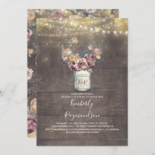 Rustic Mason Jar Mauve and Gold Bridal Shower Invitation