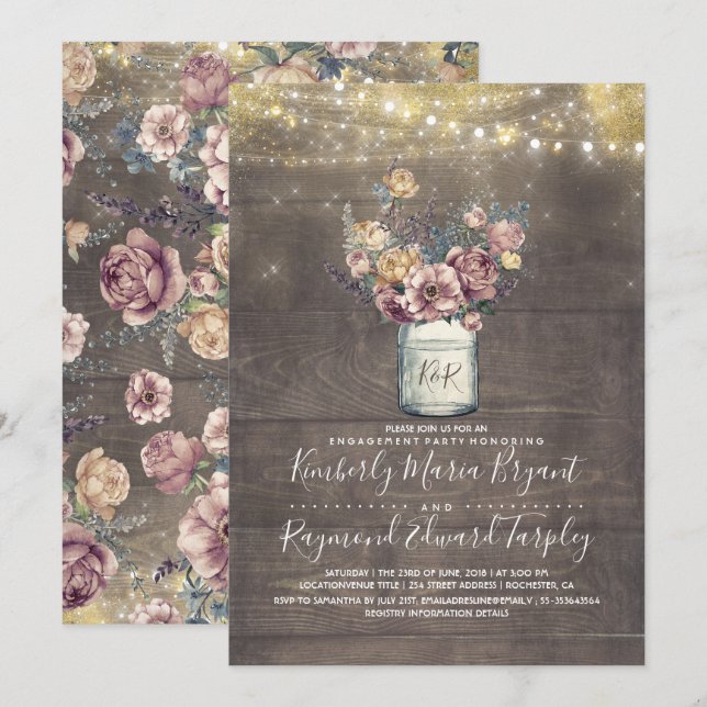 Rustic Mason Jar Mauve and Gold Engagement Party Invitation (Front/Back)