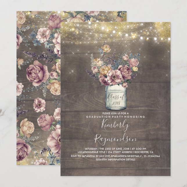 Rustic Mason Jar Mauve and Gold Graduation Party Invitation (Front/Back)