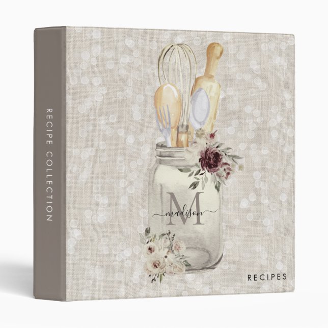 Rustic Mason Jar Monogram Floral Kitchen Recipe 3 Ring Binder (Front/Spine)