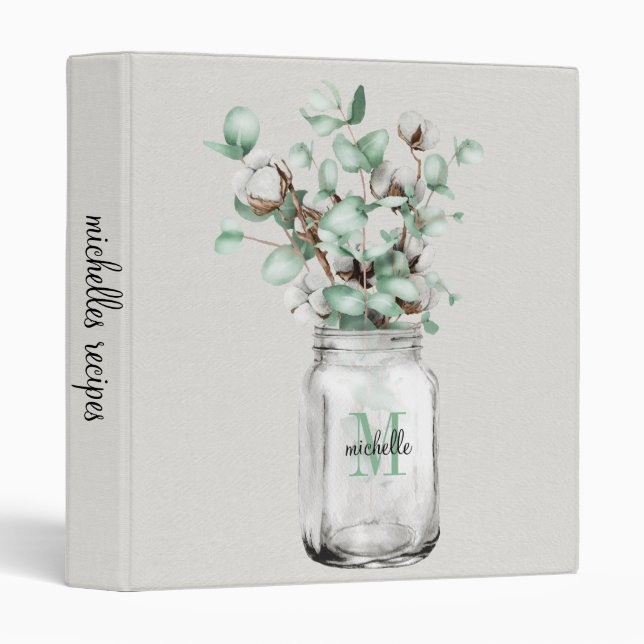 Rustic Mason Jar Monogram Kitchen Recipe 3 Ring Binder (Front/Spine)