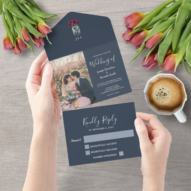 Rustic mason jar monogram photo blue Wedding All In One Invitation (Rustic navy blue mason jar all in one wedding invitation.)