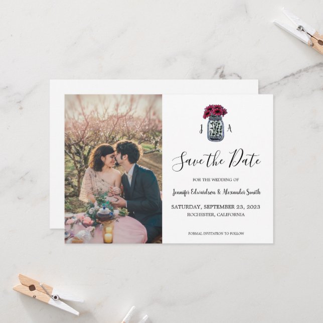 Rustic Mason jar monogram photo Save the Date Invitation (Front/Back In Situ)
