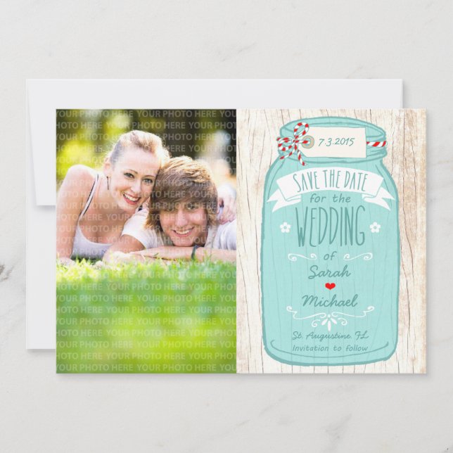 Rustic Mason Jar on Bark Photo Save the Date (Front)
