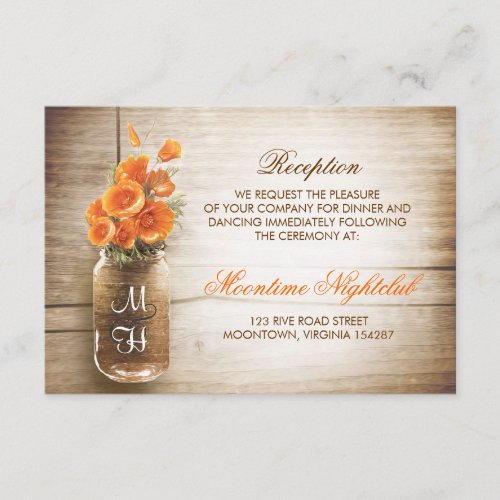 Rustic mason jar orange flowers reception enclosure card