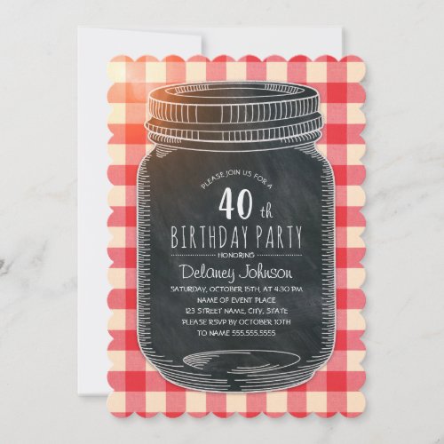 Rustic Mason Jar Picnic 40th Birthday Party Invitation