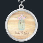 Rustic Mason Jar Pink Azaleas Wedding Necklace<br><div class="desc">A rustic and chic wedding Necklace with a Mason jar filled with pale pink azaleas on a warm wooden background. CUSTOMIZABLE,  just fill in all the details or let me know and I can personalize it for you.</div>