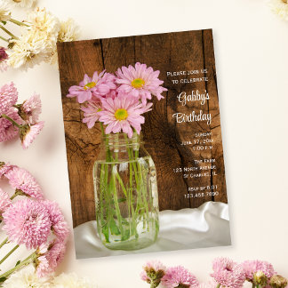 Rustic Mason Jar Pink Daisies Barn Birthday Party Invitation