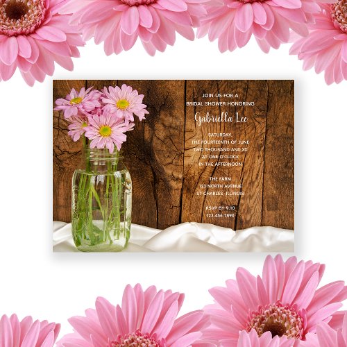 Mason Jar and Pink Daisies Country Bridal Shower Custom Invitations