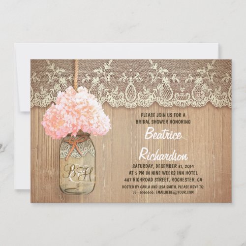 rustic mason jar pink hydrangea bridal shower invitation