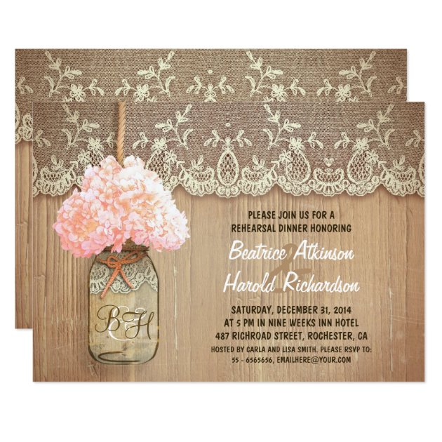 Rustic Mason Jar Pink Hydrangea Rehearsal Dinner Invitation