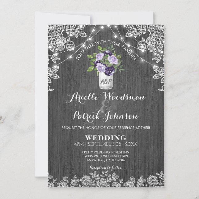 Rustic Mason Jar Purple Silver Gray Floral Wedding Invitation (Front)
