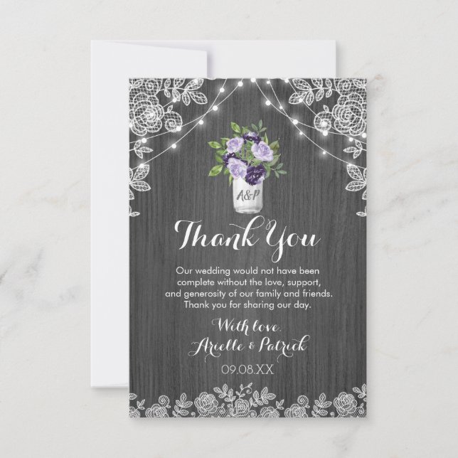Rustic Mason Jar Purple Silver Gray Floral Wedding Thank You Card (Front)