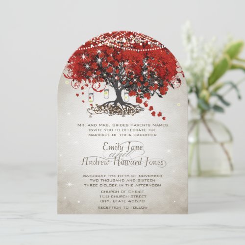 Rustic Mason Jar Red Heart Leaf Tree Wedding Custom Invites