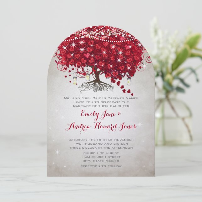 Rustic Mason Jar Red Tree Brown Trunk Wedding Invitation (Standing Front)