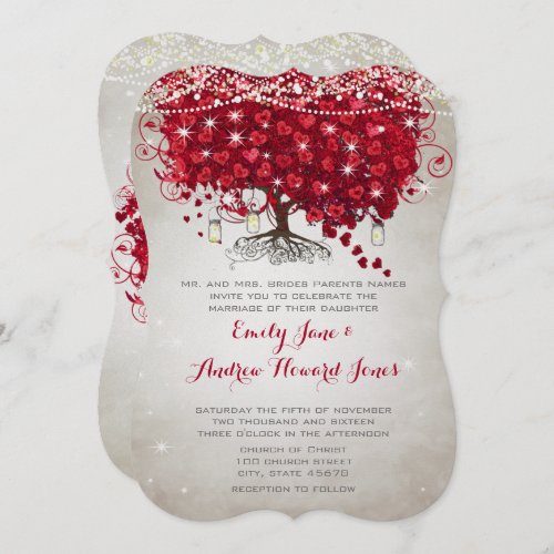 Rustic Mason Jar Red Tree Brown Trunk Wedding Invitation