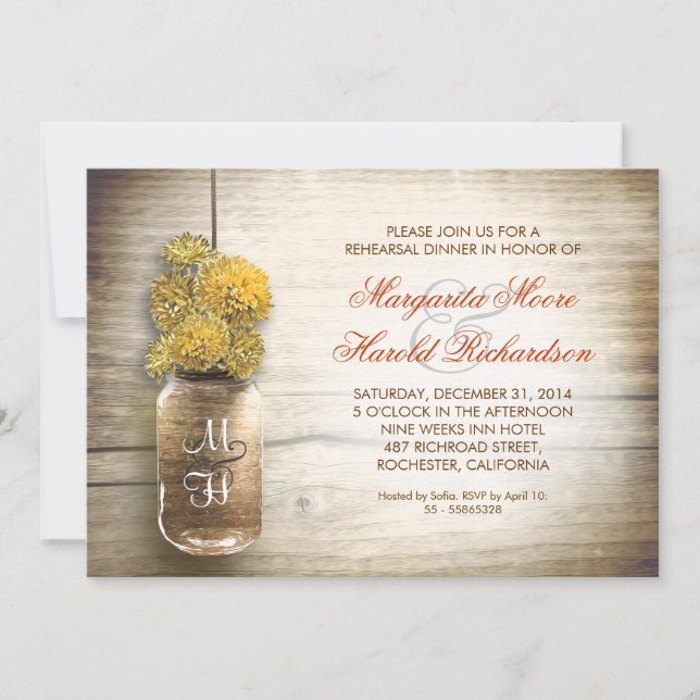 rustic mason jar rehearsal dinner invitations (Front)