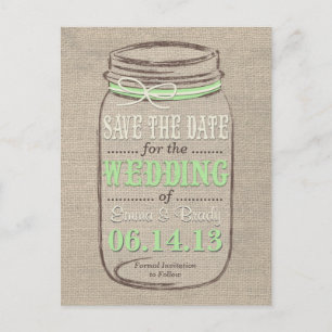 Rustic Mason Jar Save the Date Light Green Announcement Postcard