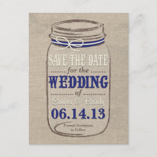 Rustic Mason Jar Save the Date Navy White Announcement Postcard