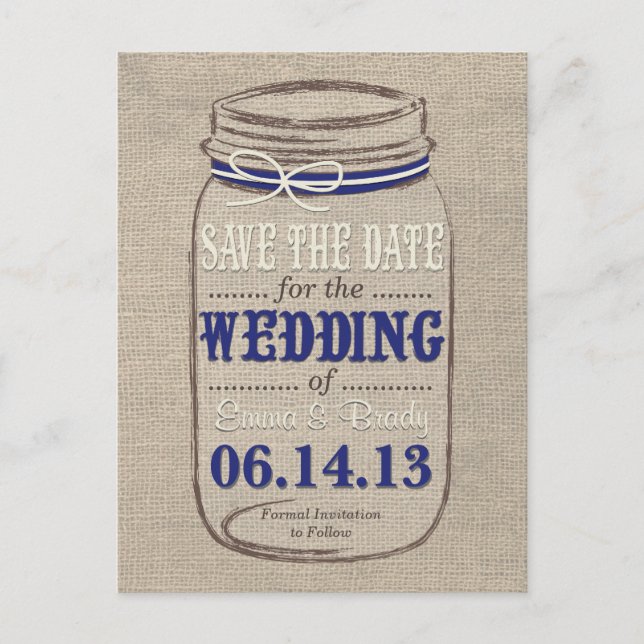 Rustic Mason Jar Save the Date Navy White Announcement Postcard (Front)