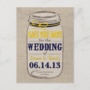 Rustic Mason Jar Save the Date Yellow Navy Announcement Postcard