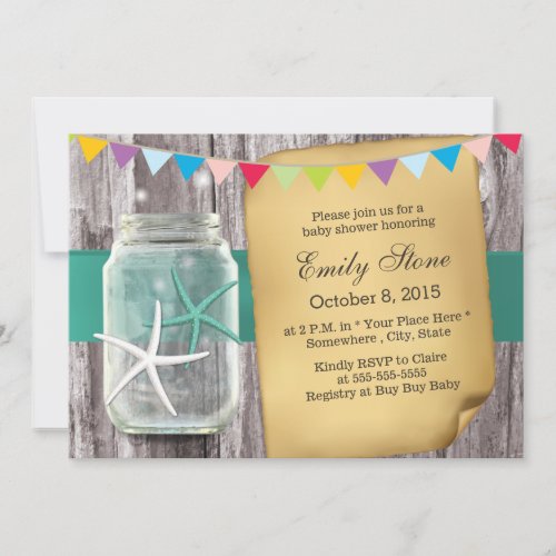 Rustic Mason Jar &amp; Starfish Baby Shower 5x7 Paper Invitation Card