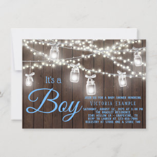 Rustic Mason Jar String Light Baby Boy Shower Invitation