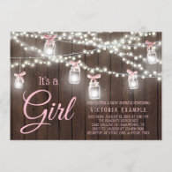 Rustic Mason Jar String Light Baby Girl Shower Invitation