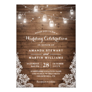 Rustic Mason Jar String Light Lace Country Wedding Invitation