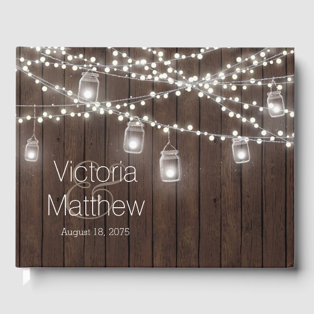 Rustic Mason Jar String Light Wedding Guest Book (Front)