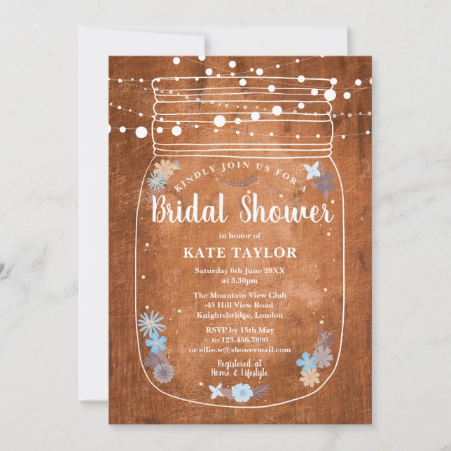 Rustic Mason Jar String Lights Bridal Shower Invitation (Front)