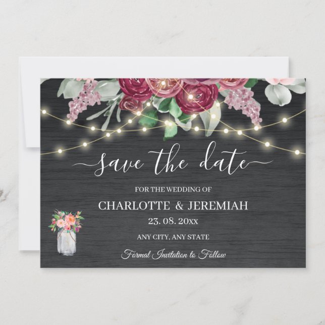 Rustic Mason Jar String Lights Burgundy Wedding Save The Date (Front)