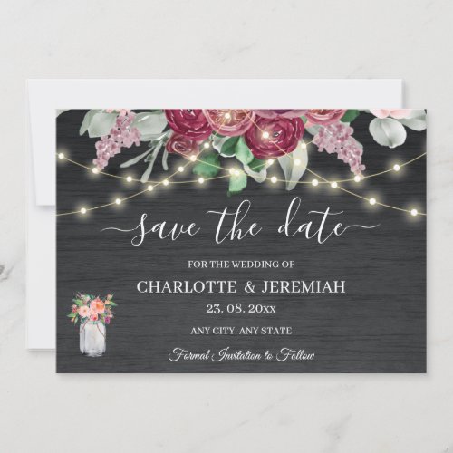 Rustic Mason Jar String Lights Burgundy Wedding Save The Date