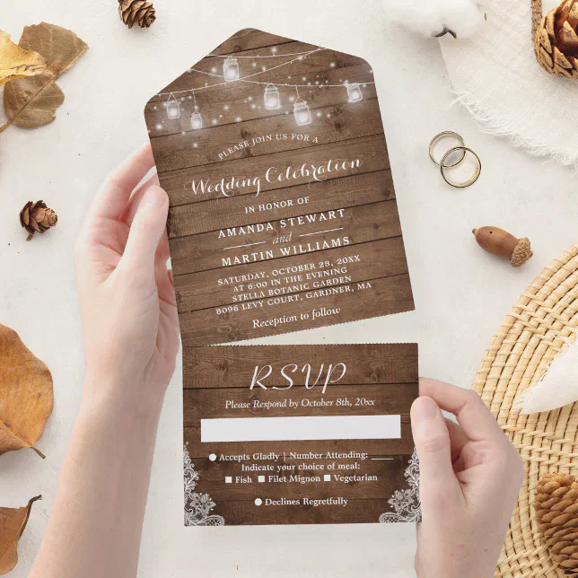 Rustic Mason Jar String Lights Country Wedding All In One Invitation ...