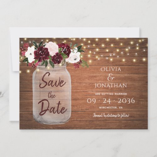 Rustic Mason Jar String Lights Floral Burgundy Save The Date