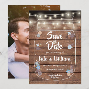 Rustic Mason Jar String Lights Floral Photo Save The Date