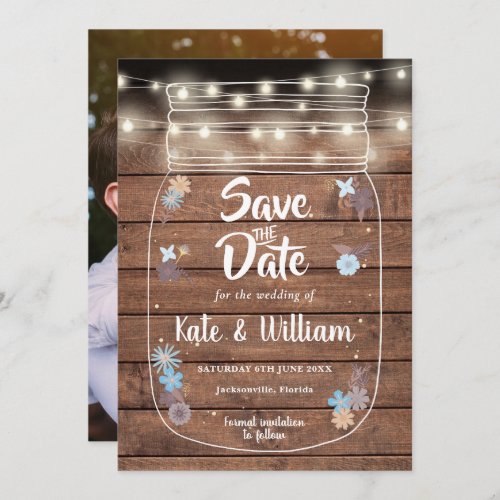 Rustic Mason Jar String Lights Floral Photo Save The Date