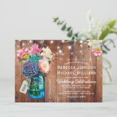 Rustic Mason Jar String Lights Floral Wedding Invitation (Standing Front)