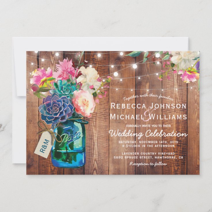 Rustic Mason Jar String Lights Floral Wedding Invitation Zazzle