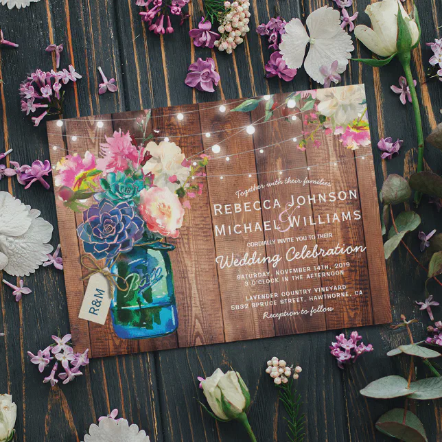 Rustic Mason Jar String Lights Floral Wedding Invitation Zazzle