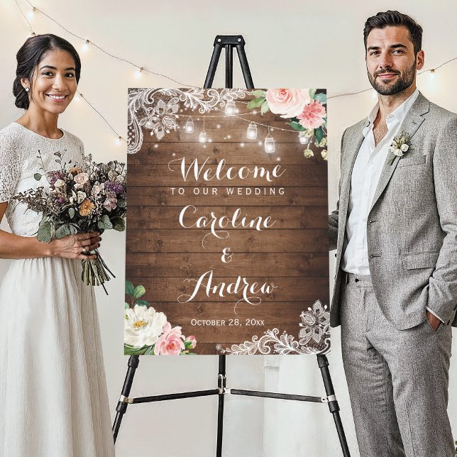 Rustic Mason Jar String Lights Lace Floral Wedding Foam Board (Creator Uploaded)