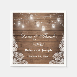Rustic Mason Jar String Lights Lace Love Thanks Paper Napkin