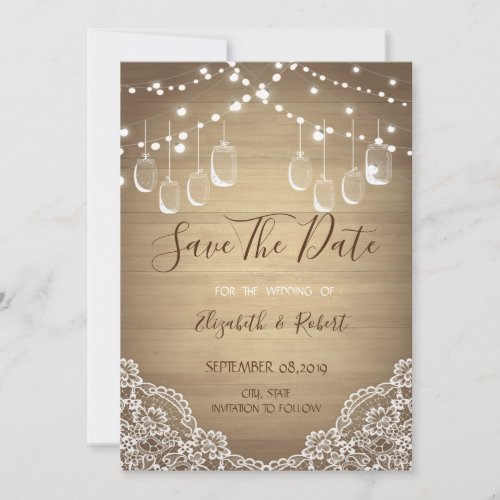 Rustic Mason JarString Lights Lace Save The Date